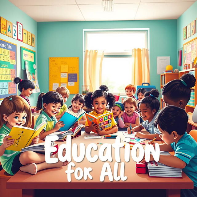 A vibrant and inspiring scene showcasing a diverse group of children engaged in learning in a colorful classroom