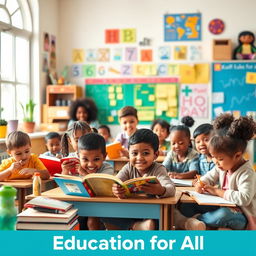 A vibrant and inspiring scene showcasing a diverse group of children engaged in learning in a colorful classroom