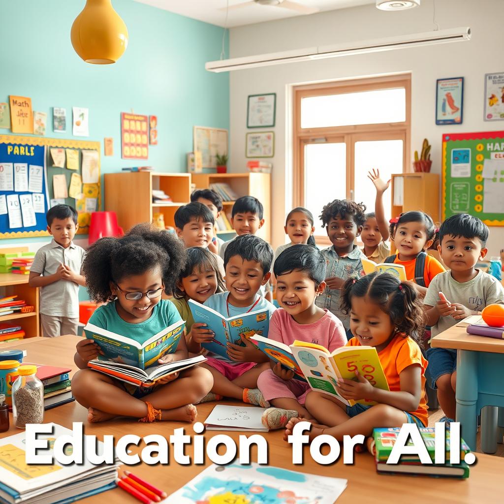 A vibrant and inspiring scene showcasing a diverse group of children engaged in learning in a colorful classroom