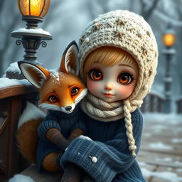 A captivating fantasy girl with large, sparkling brown eyes, wearing a snug, cream-colored knitted hat adorned with small, delicate snowflakes
