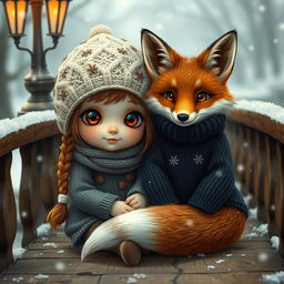 A captivating fantasy girl with large, sparkling brown eyes, wearing a snug, cream-colored knitted hat adorned with small, delicate snowflakes