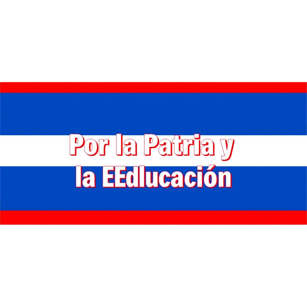 A flag design featuring three horizontal blue stripes, with two vertical white stripes, and in the center, the text 'Por la Patria y la Educación' written in bold, prominent letters