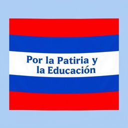 A flag design featuring three horizontal blue stripes, with two vertical white stripes, and in the center, the text 'Por la Patria y la Educación' written in bold, prominent letters
