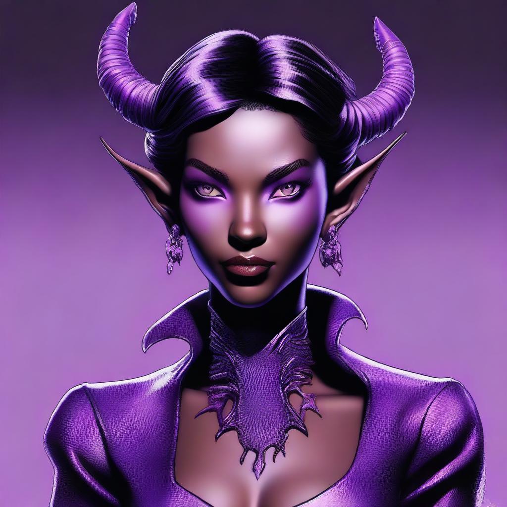 An exquisite, high-quality digital art image showcasing a lilac tiefling with a sleek black bob cut