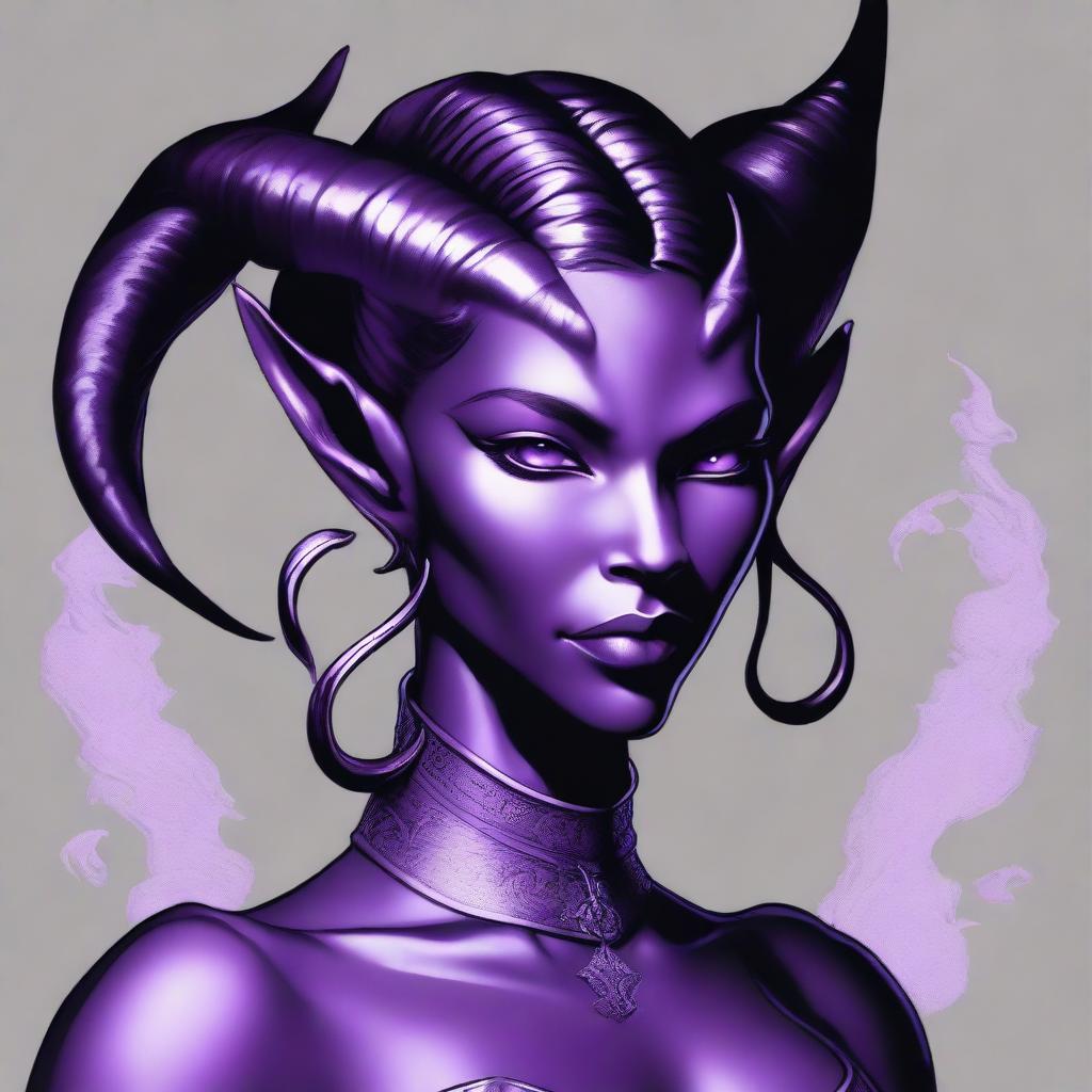 An exquisite, high-quality digital art image showcasing a lilac tiefling with a sleek black bob cut