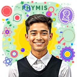 A green card photo background featuring vibrant elements related to the physics Olympiad, including scientific symbols like atoms, gears, and mathematical equations