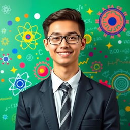 A green card photo background featuring vibrant elements related to the physics Olympiad, including scientific symbols like atoms, gears, and mathematical equations
