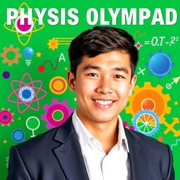 A green card photo background featuring vibrant elements related to the physics Olympiad, including scientific symbols like atoms, gears, and mathematical equations