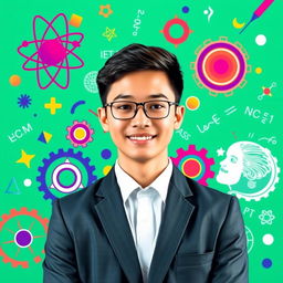 A green card photo background featuring vibrant elements related to the physics Olympiad, including scientific symbols like atoms, gears, and mathematical equations