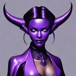 An exquisite, high-quality digital art image showcasing a lilac tiefling with a sleek black bob cut