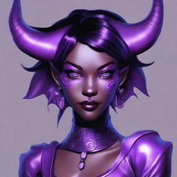 An exquisite, high-quality digital art image showcasing a lilac tiefling with a sleek black bob cut