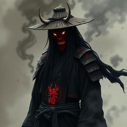 Kenji Hittori, a shadowy figure with long, flowing black hair cascading to his waist, symbolizing a haunting remnant of his humanity