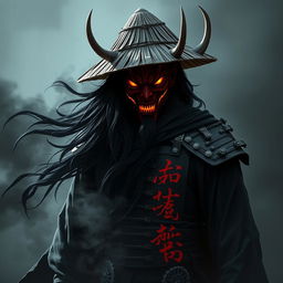 Kenji Hittori, a shadowy figure with long, flowing black hair cascading to his waist, symbolizing a haunting remnant of his humanity