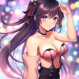 A seductive anime girl with long flowing hair and captivating eyes, wearing a stylish and revealing outfit