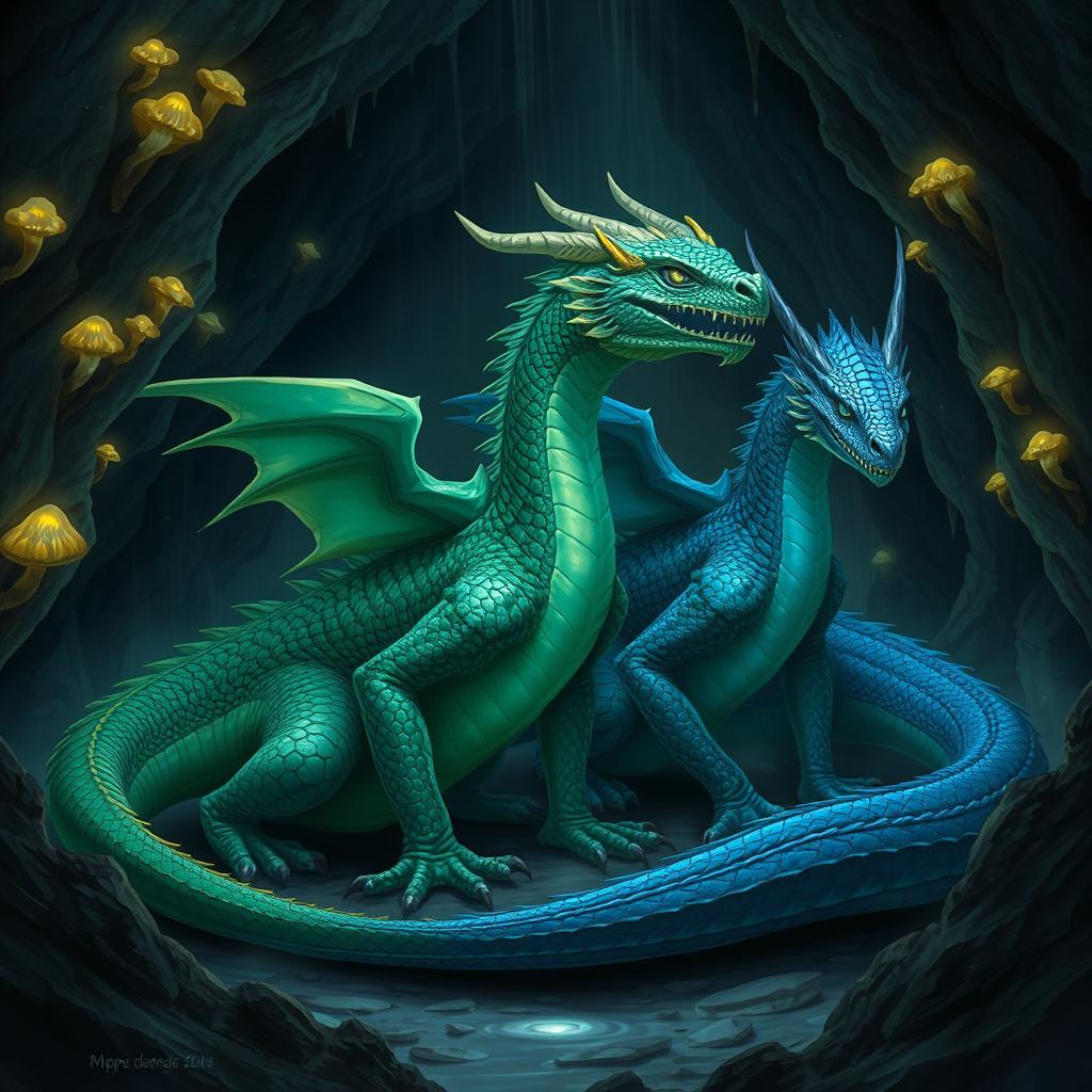 Two majestic dragons, one with shimmering emerald green scales and the other with deep sapphire blue scales, crouched together in a dark, cavernous cave