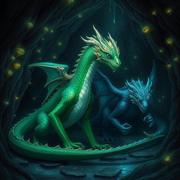 Two majestic dragons, one with shimmering emerald green scales and the other with deep sapphire blue scales, crouched together in a dark, cavernous cave