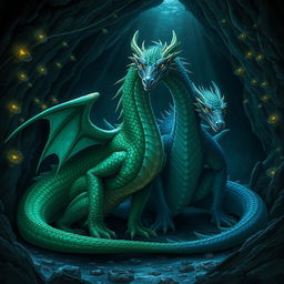 Two majestic dragons, one with shimmering emerald green scales and the other with deep sapphire blue scales, crouched together in a dark, cavernous cave