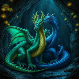 Two majestic dragons, one with shimmering emerald green scales and the other with deep sapphire blue scales, crouched together in a dark, cavernous cave