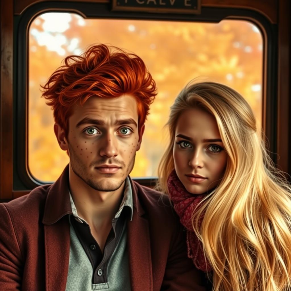 A Moroccan man with striking red hair and bright green eyes, featuring distinctive freckles across his face, and a French girl with flowing blonde hair and captivating brown eyes