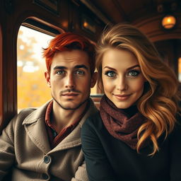 A Moroccan man with striking red hair and bright green eyes, featuring distinctive freckles across his face, and a French girl with flowing blonde hair and captivating brown eyes