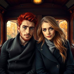 A Moroccan man with striking red hair and bright green eyes, featuring distinctive freckles across his face, and a French girl with flowing blonde hair and captivating brown eyes