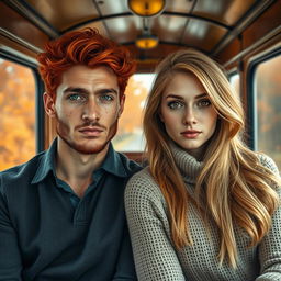 A Moroccan man with striking red hair and bright green eyes, featuring distinctive freckles across his face, and a French girl with flowing blonde hair and captivating brown eyes