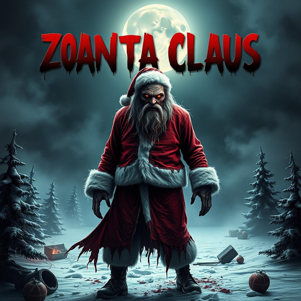 An artistic movie poster for a horror film titled "Zombie Santa Claus"