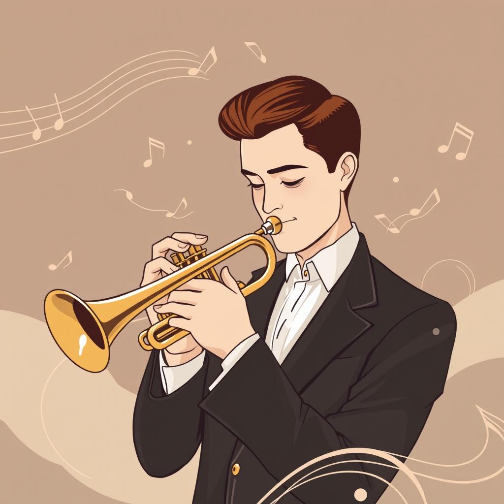 An elegant illustration of a man playing the trumpet, inspired by the style of IncrediBox but presented in a more refined and sophisticated manner