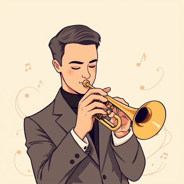 An elegant illustration of a man playing the trumpet, inspired by the style of IncrediBox but presented in a more refined and sophisticated manner