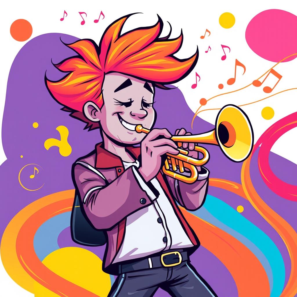 An illustration of a man playing the trumpet in a style reminiscent of the initial images generated for the request 'Draw a picture of a rock musician playing an electric guitar in IncrediBox style
