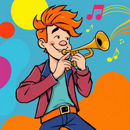 An illustration of a man playing the trumpet in a style reminiscent of the initial images generated for the request 'Draw a picture of a rock musician playing an electric guitar in IncrediBox style