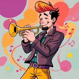 An illustration of a man playing the trumpet in a style reminiscent of the initial images generated for the request 'Draw a picture of a rock musician playing an electric guitar in IncrediBox style