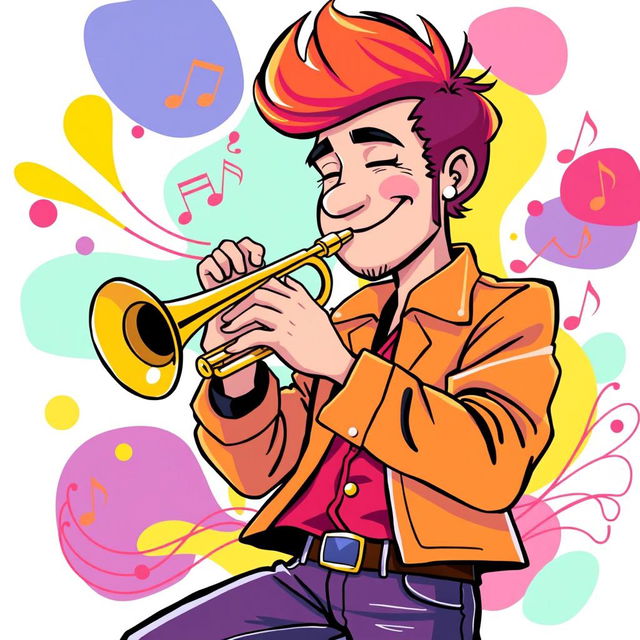 An illustration of a man playing the trumpet in a style reminiscent of the initial images generated for the request 'Draw a picture of a rock musician playing an electric guitar in IncrediBox style