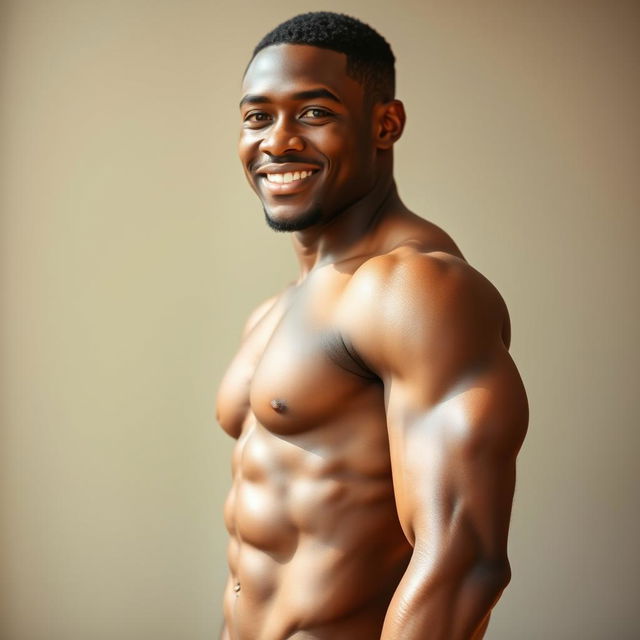 A realistic portrait of a handsome young black man showcasing his well-defined abdominal muscles