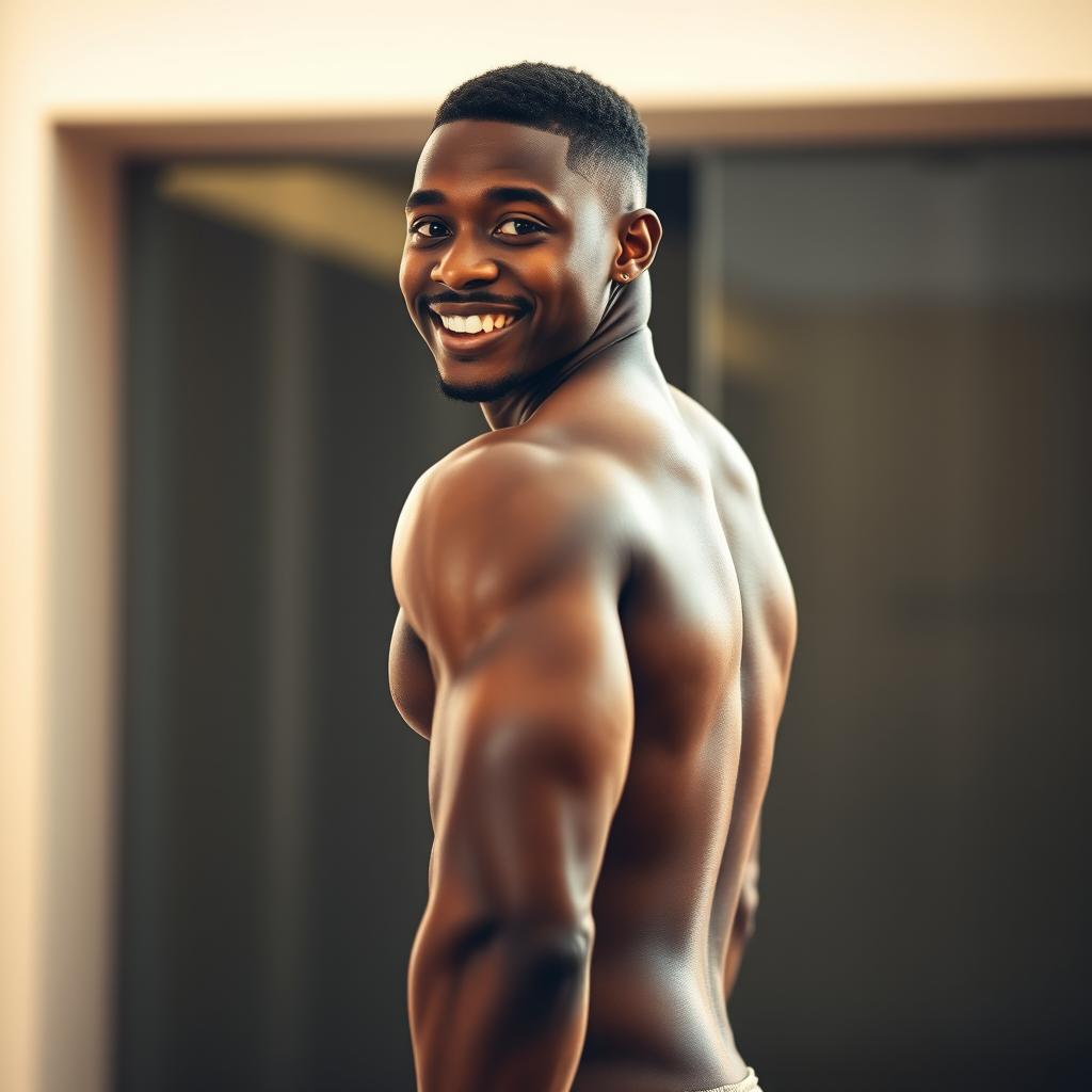 A realistic portrait of a handsome young black man showcasing his well-defined abdominal muscles