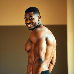 A realistic portrait of a handsome young black man showcasing his well-defined abdominal muscles