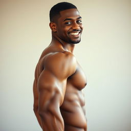 A realistic portrait of a handsome young black man showcasing his well-defined abdominal muscles