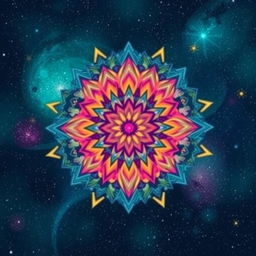 A unique t-shirt design featuring an abstract geometric pattern in vibrant colors like teal, magenta, and yellow, blended into an enchanting cosmic background with stars and galaxies