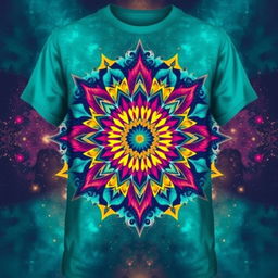 A unique t-shirt design featuring an abstract geometric pattern in vibrant colors like teal, magenta, and yellow, blended into an enchanting cosmic background with stars and galaxies