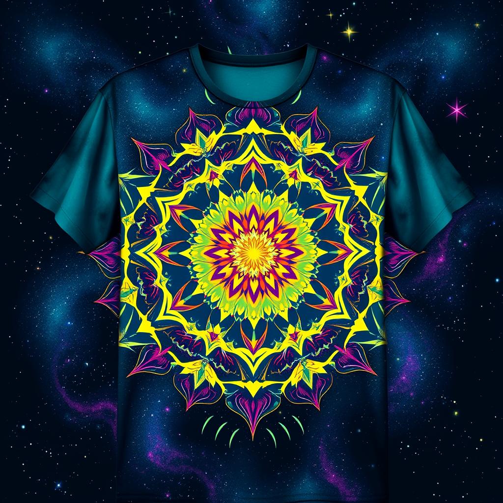 A unique t-shirt design featuring an abstract geometric pattern in vibrant colors like teal, magenta, and yellow, blended into an enchanting cosmic background with stars and galaxies