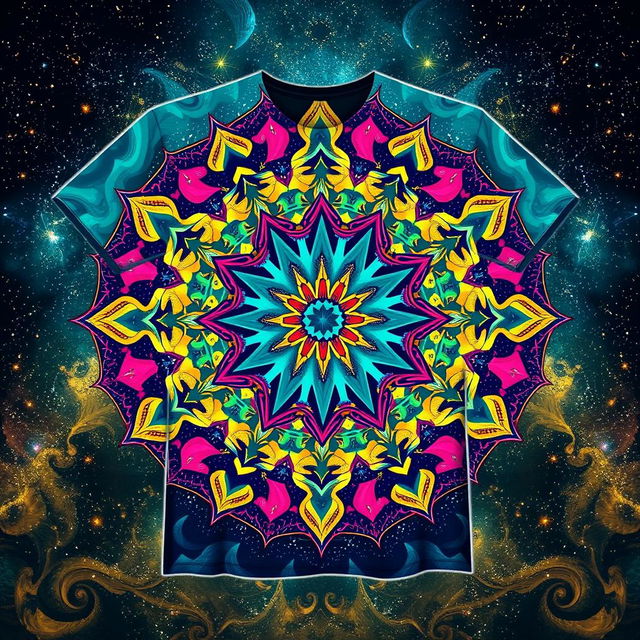 A unique t-shirt design featuring an abstract geometric pattern in vibrant colors like teal, magenta, and yellow, blended into an enchanting cosmic background with stars and galaxies