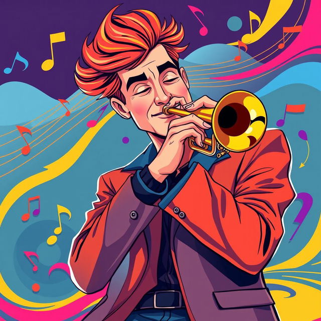 An illustration of a man playing the trumpet, designed in a style that draws inspiration from the original images generated for the request 'Draw a picture of a rocker playing an electric guitar in IncrediBox style,' but with a more matured and semi-realistic aesthetic