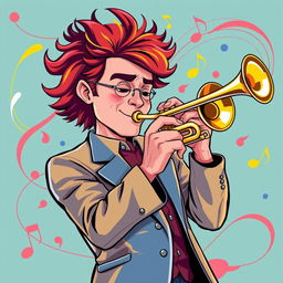 An illustration of a man playing the trumpet, designed in a style that draws inspiration from the original images generated for the request 'Draw a picture of a rocker playing an electric guitar in IncrediBox style,' but with a more matured and semi-realistic aesthetic