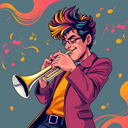 An illustration of a man playing the trumpet, designed in a style that draws inspiration from the original images generated for the request 'Draw a picture of a rocker playing an electric guitar in IncrediBox style,' but with a more matured and semi-realistic aesthetic