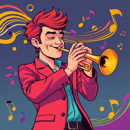 An illustration of a man playing the trumpet, designed in a style that draws inspiration from the original images generated for the request 'Draw a picture of a rocker playing an electric guitar in IncrediBox style,' but with a more matured and semi-realistic aesthetic