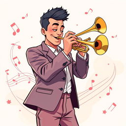 A full-body illustration of a man playing the trumpet, inspired by the IncrediBox style but with a more sophisticated and refined approach