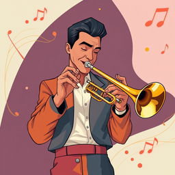 A full-body illustration of a man playing the trumpet, inspired by the IncrediBox style but with a more sophisticated and refined approach