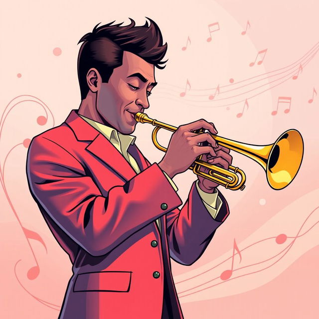 A full-body illustration of a man playing the trumpet, inspired by the IncrediBox style but with a more sophisticated and refined approach