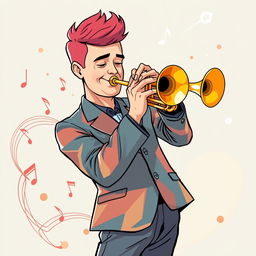 A full-body illustration of a man playing the trumpet, inspired by the IncrediBox style but with a more sophisticated and refined approach