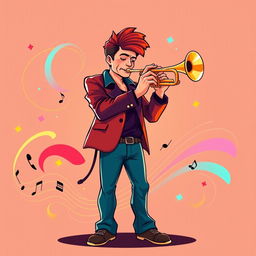 A full-body illustration of a man playing the trumpet in a style inspired by the initial images generated for the request 'Draw a picture of a rocker playing an electric guitar in IncrediBox style,' but with a more refined and less cartoonish approach